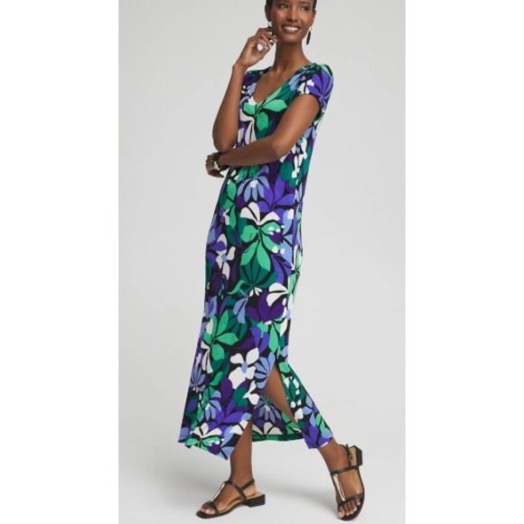 Chico's Dresses & Skirts - Chico's Travelers™ Floral V-Neck Maxi Dress Women's‎ 2P (US LP) Blue Green